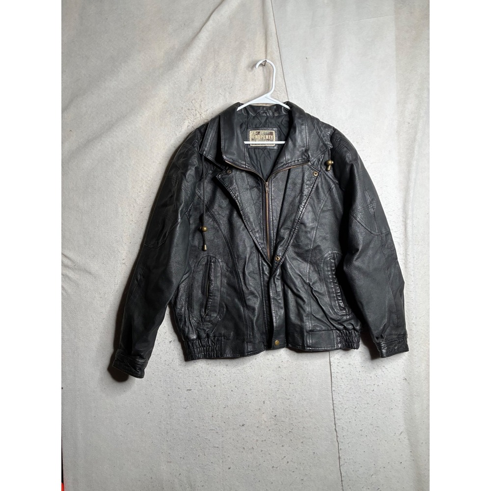 Property Mens Black Genuine Leather Bomber Jacket XL Quilted Lining Vintage